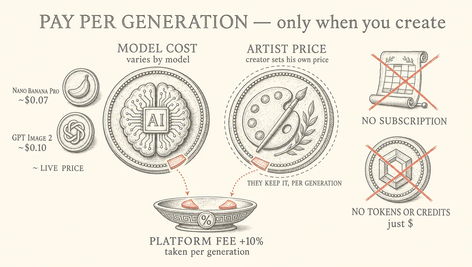 Pay per generation: model cost plus a flat 10% platform fee plus the artist price, no subscription, no tokens or credits