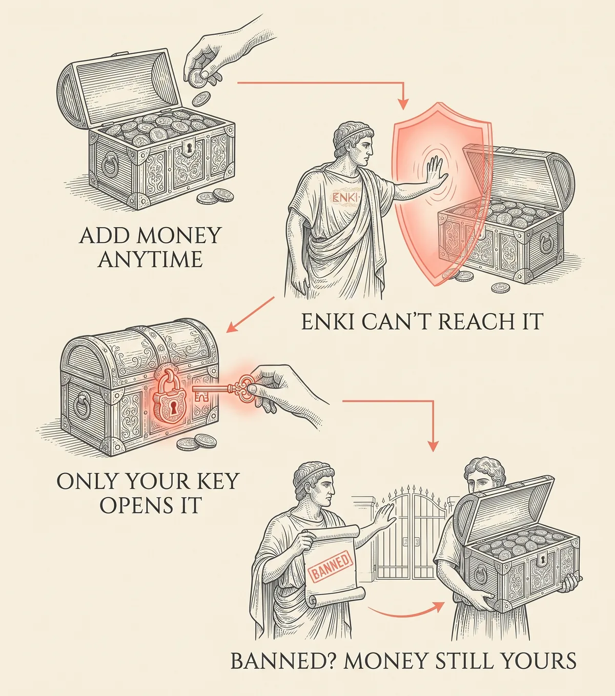 Your money stays yours: add anytime, only your key opens it, yours even if banned
